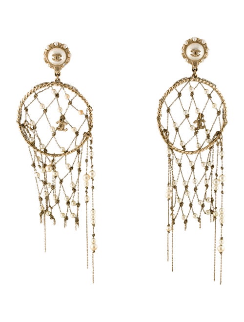Chanel Faux Pearl CC Dreamcatcher Drop Earrings