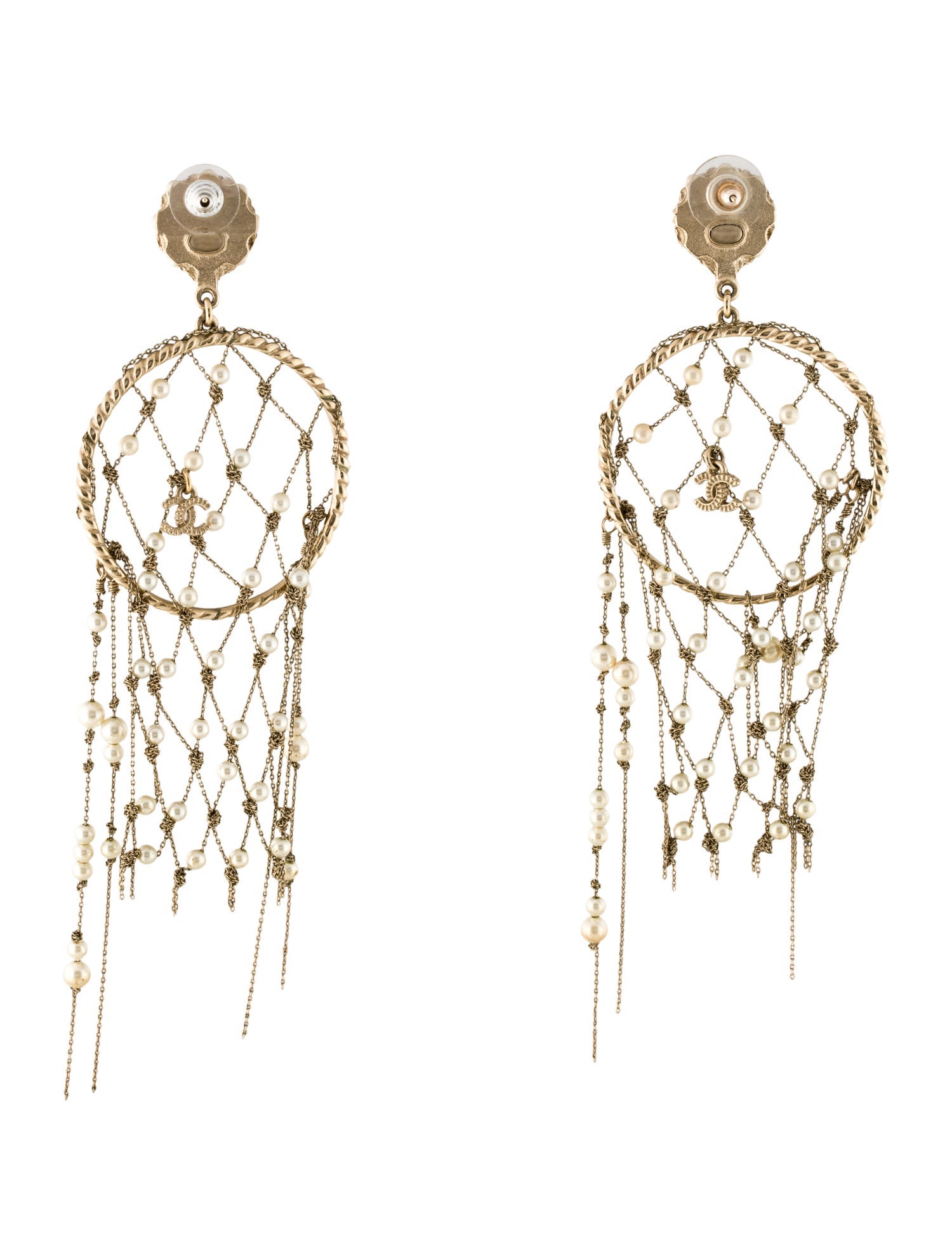 Chanel Faux Pearl CC Dreamcatcher Drop Earrings