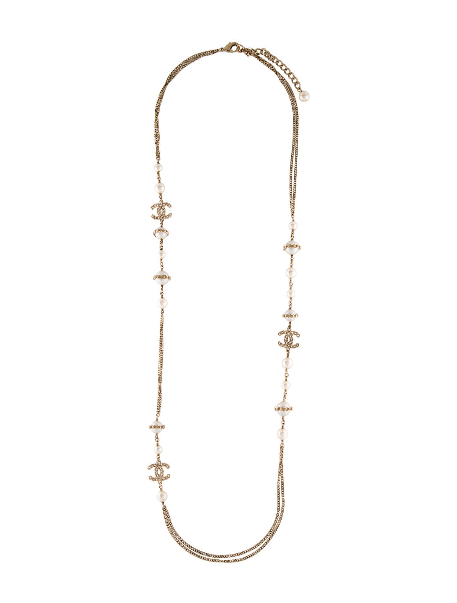 Chanel Faux Pearl CC Station Double Strand Necklace