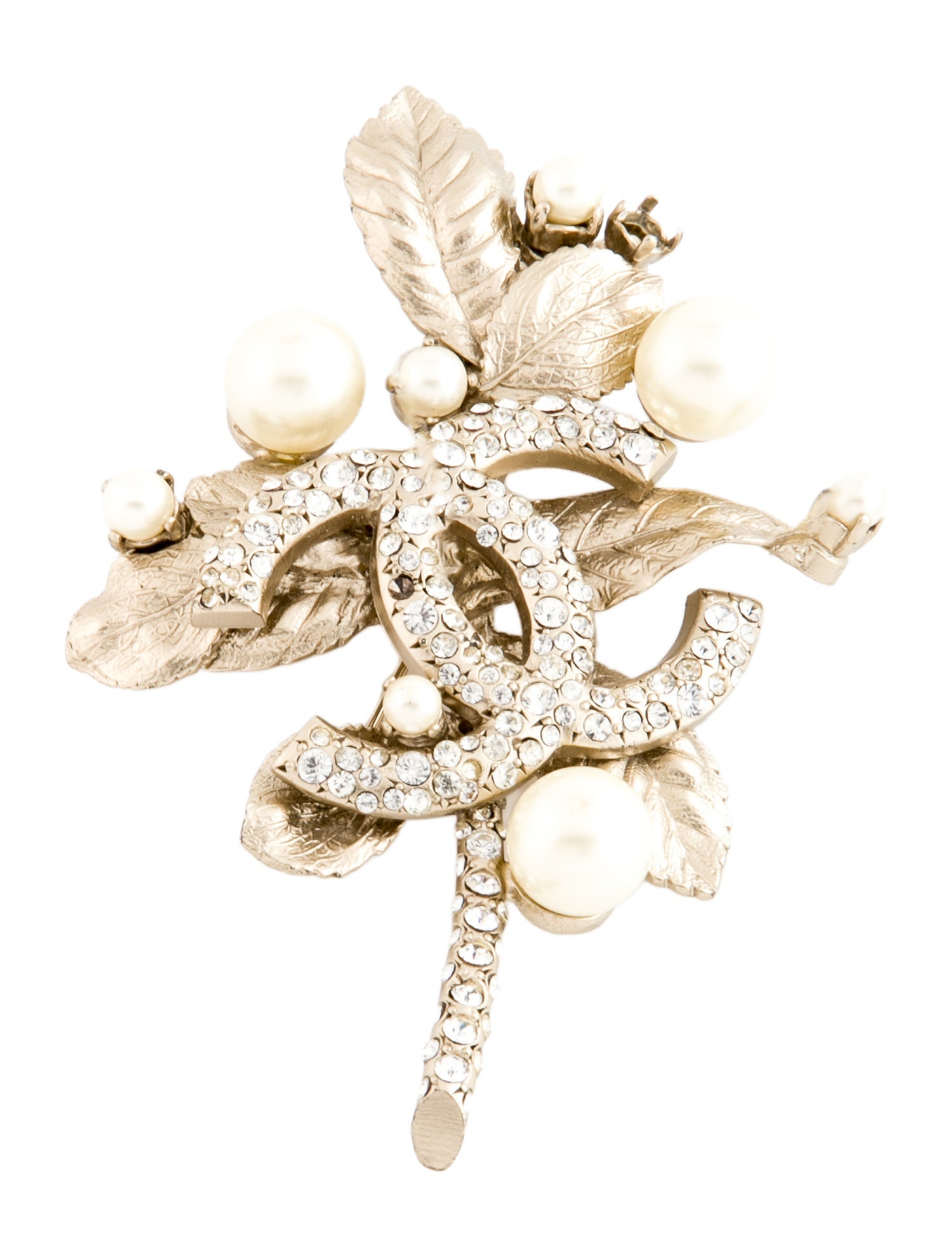 Chanel Strass & Faux Pearl Leaf CC Brooch