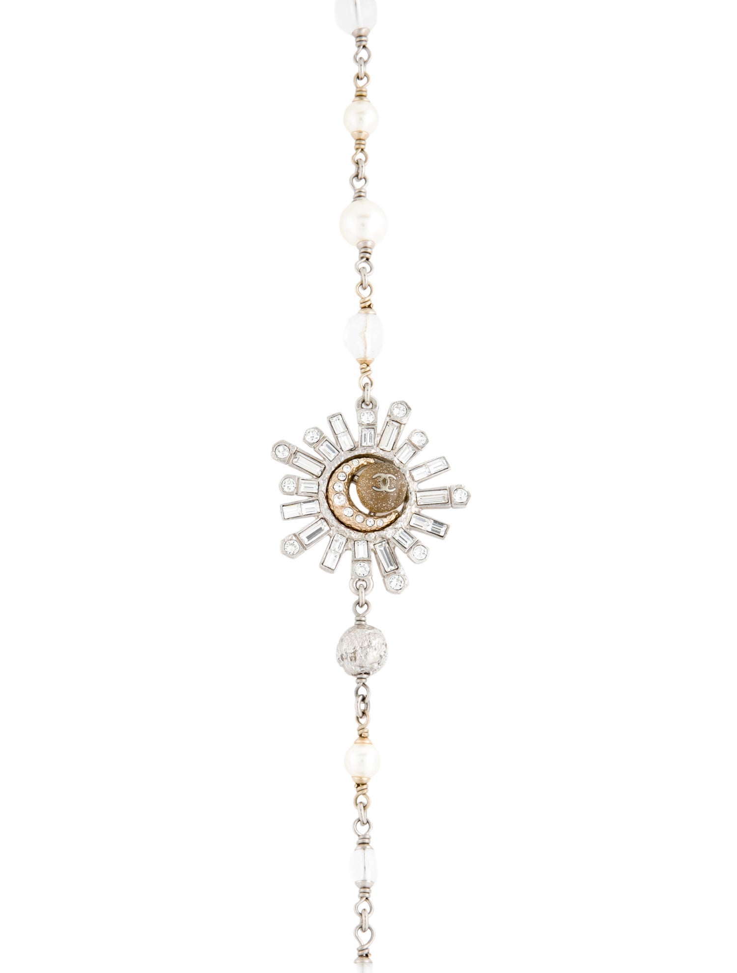 Chanel Faux Pearl & Strass CC Crescent Moon Beaded Necklace