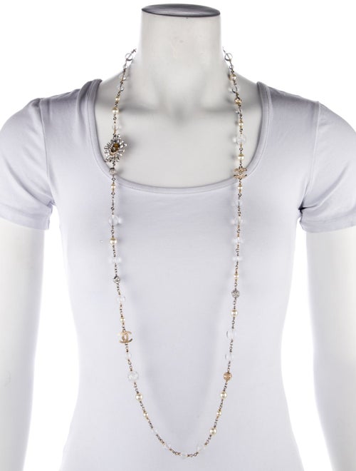 Chanel Faux Pearl & Strass CC Crescent Moon Beaded Necklace