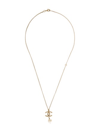 Chanel Faux Pearl & Strass CC Pendant Necklace