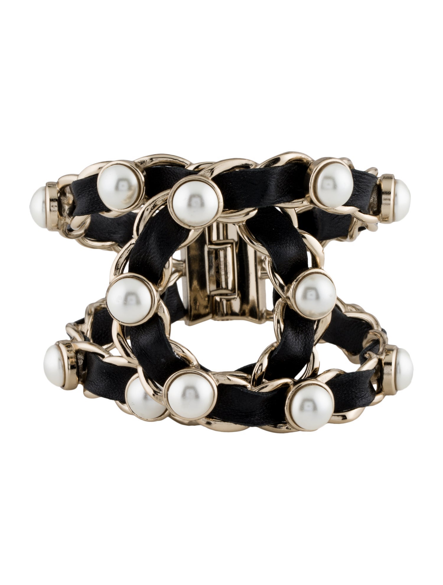 Chanel Faux Pearl & Leather Hinged Cuff Bracelet