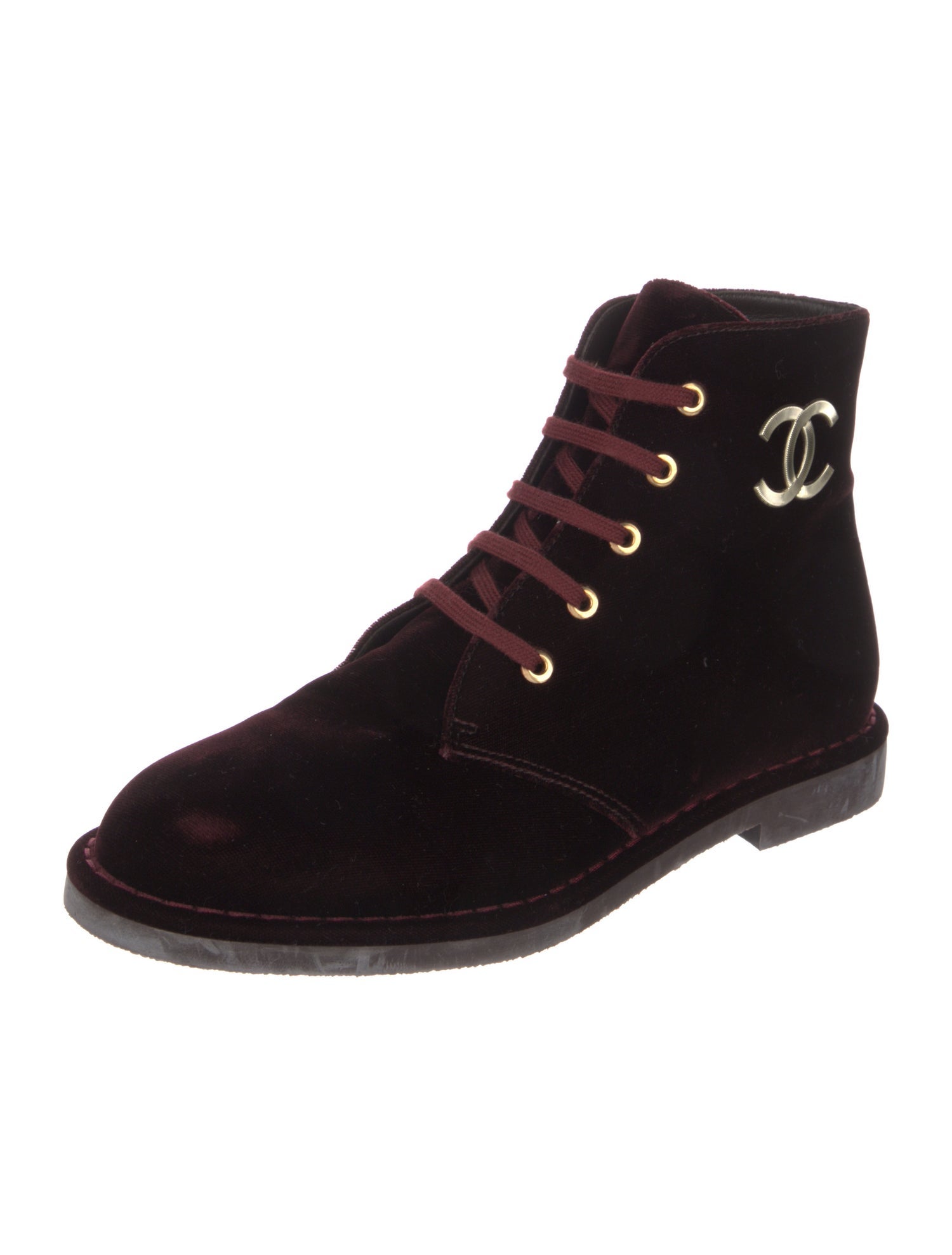 Chanel Interlocking CC Logo Velvet Lace-Up Boots