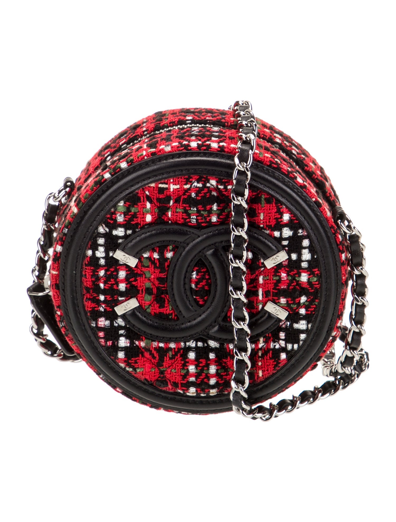 Chanel Tweed Filigree Round Clutch w/ Chain