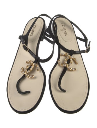 Chanel Interlocking CC Logo Leather T-Strap Sandals