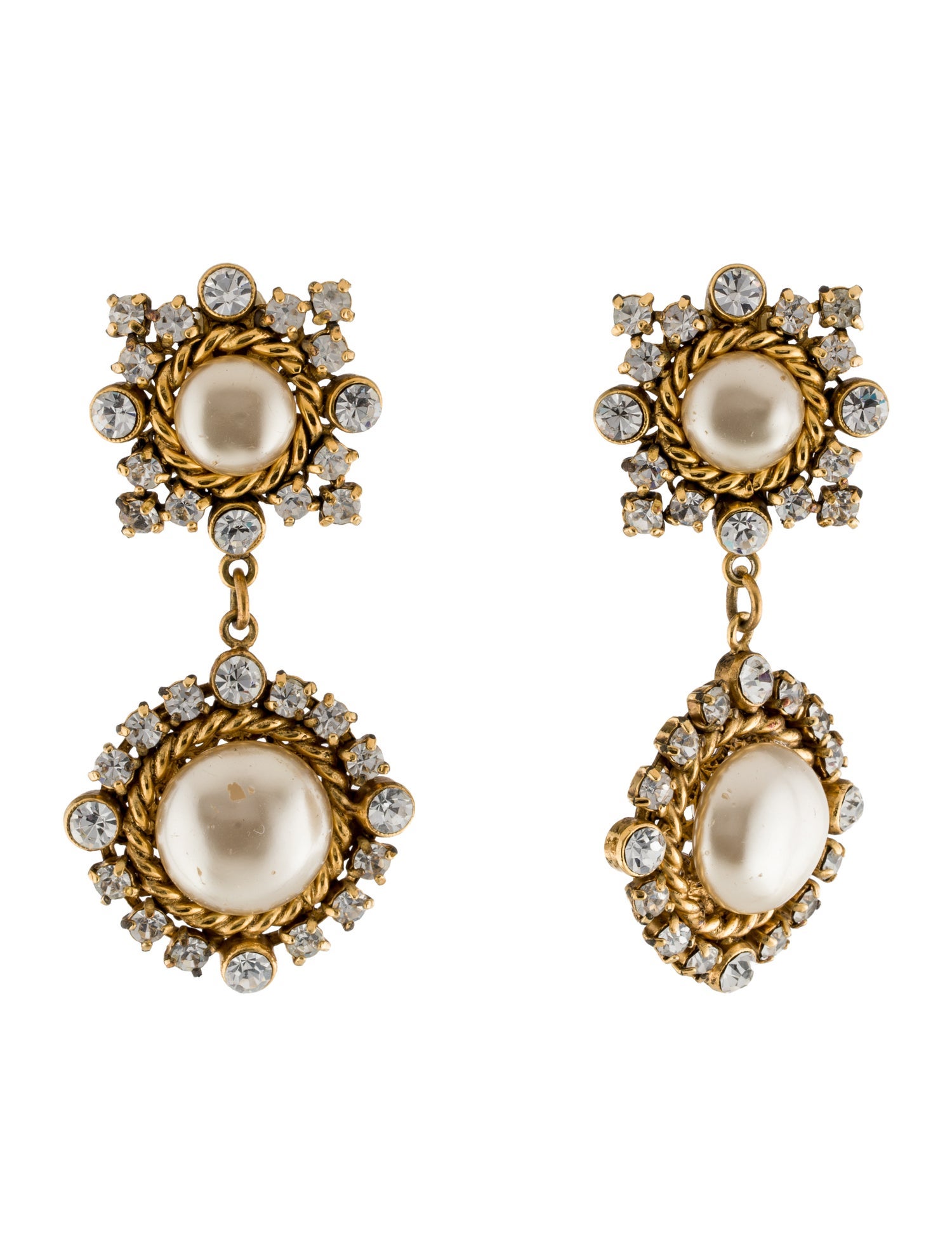 Chanel Vintage Faux Pearl & Strass Drop Clip-On Earrings