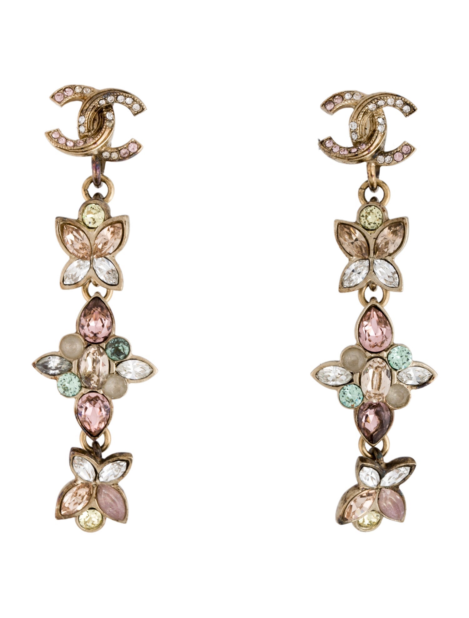 Chanel Strass & Resin CC Floral Drop Clip-On Earrings
