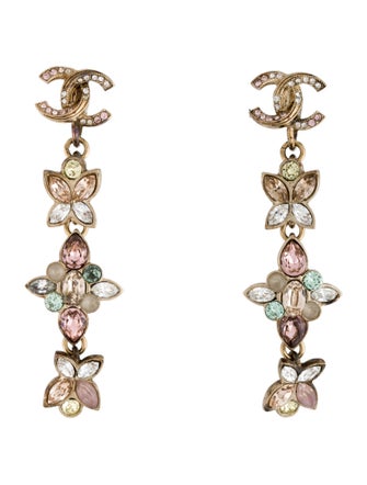 Chanel Strass & Resin CC Floral Drop Clip-On Earrings