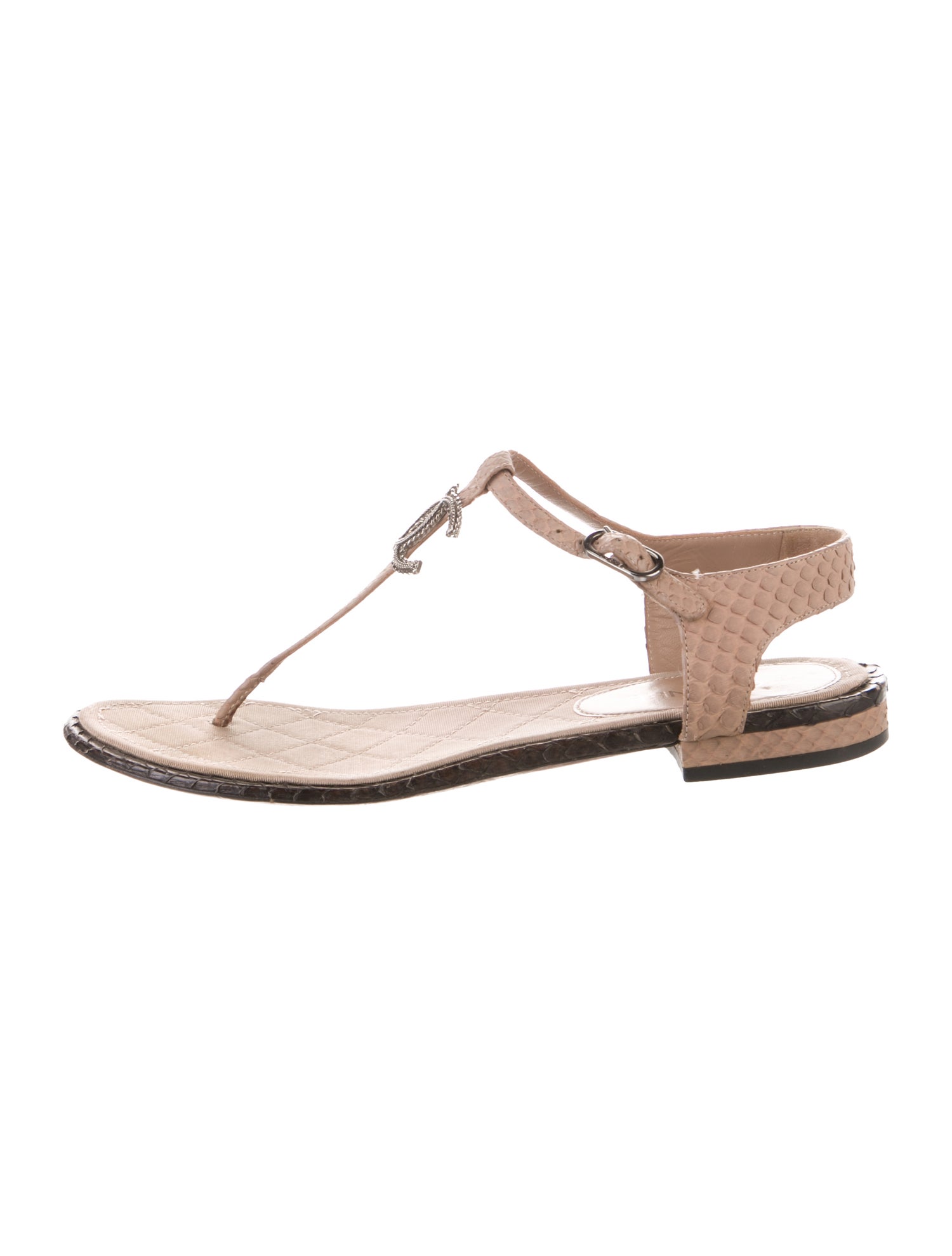Chanel Interlocking CC Logo Snakeskin T-Strap Sandals