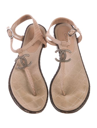 Chanel Interlocking CC Logo Snakeskin T-Strap Sandals