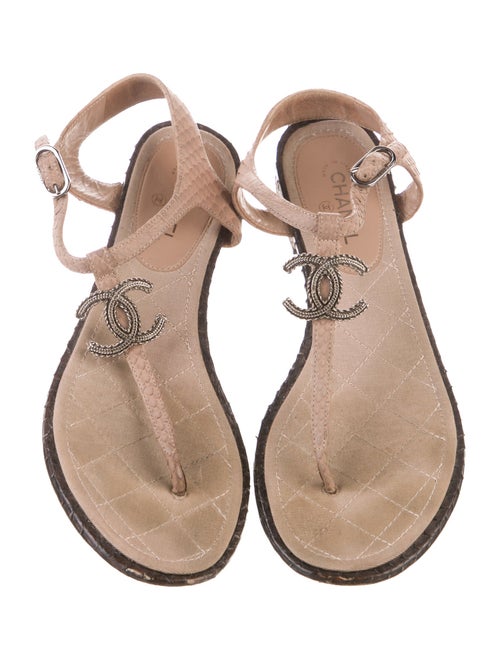 Chanel Interlocking CC Logo Snakeskin T-Strap Sandals