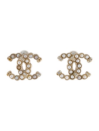 Chanel Faux Pearl & Strass CC Stud Earrings