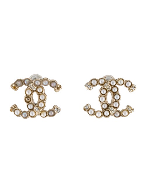 Chanel Faux Pearl & Strass CC Stud Earrings