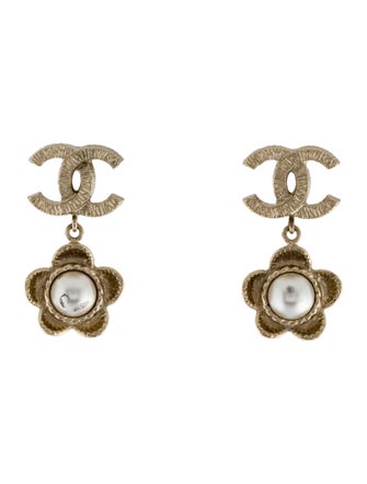 Chanel Faux Pearl Floral CC Drop Earrings