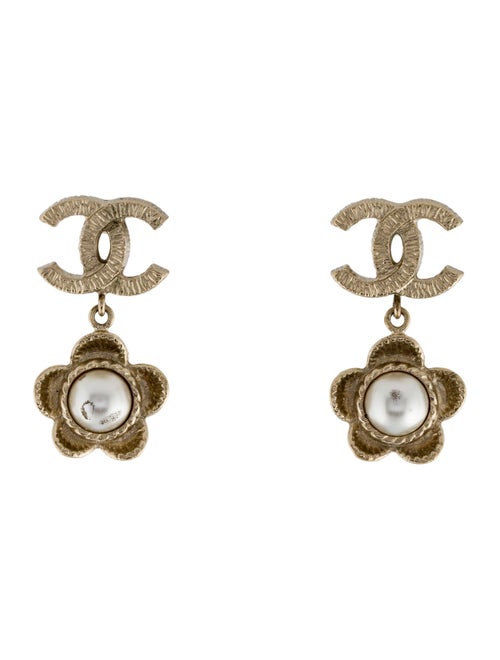 Chanel Faux Pearl Floral CC Drop Earrings