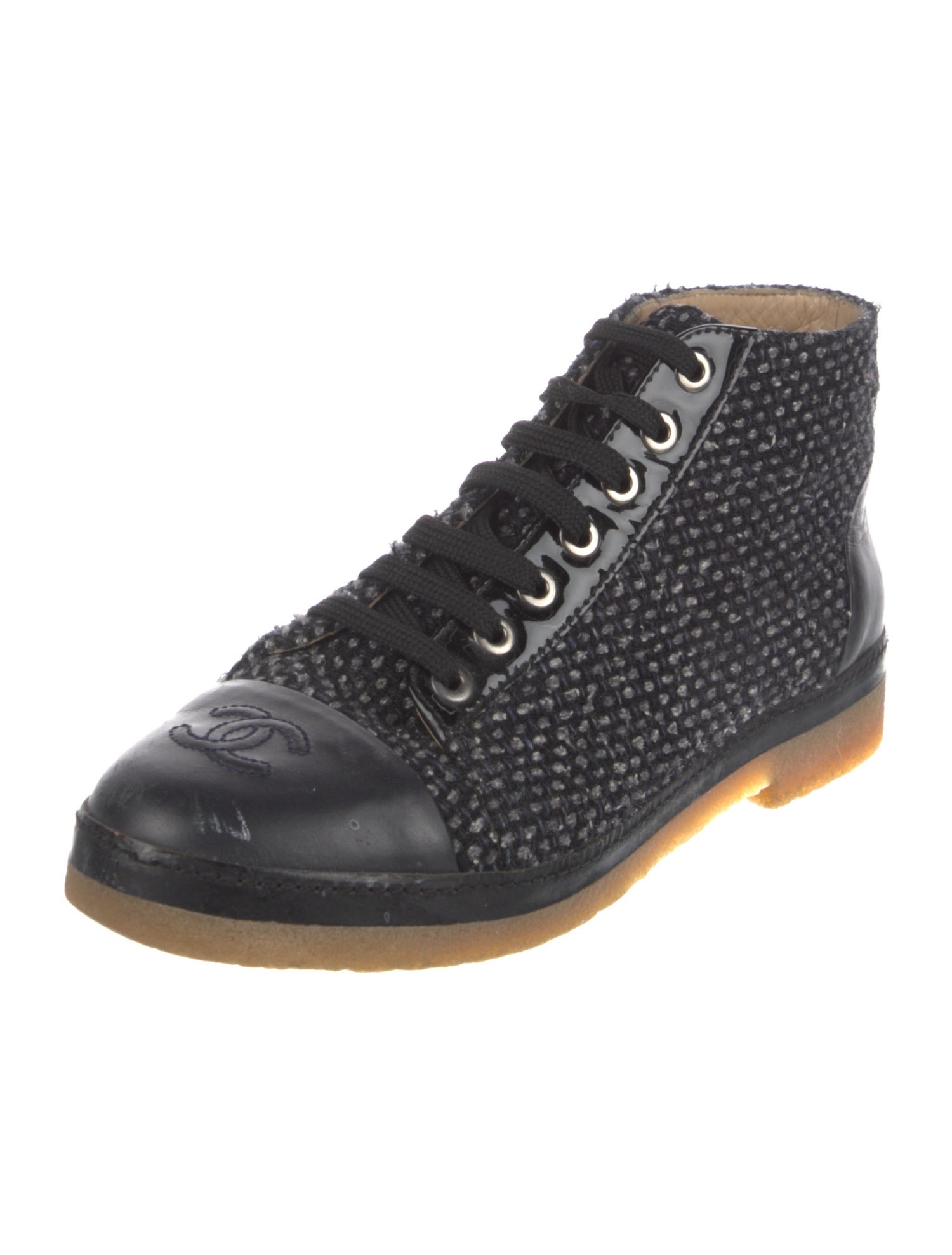 Chanel Interlocking CC Logo Tweed Lace-Up Boots