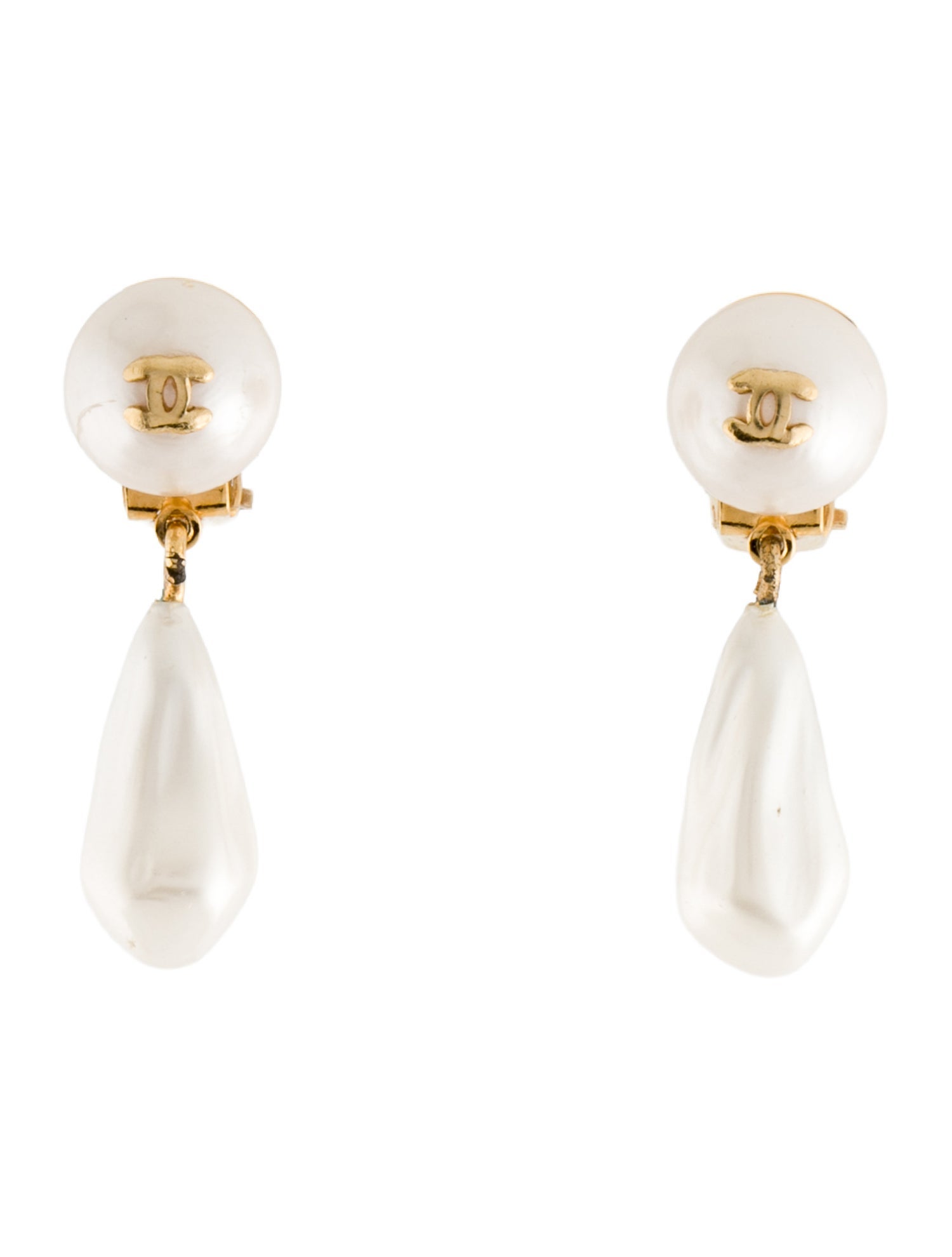 Chanel Faux Pearl CC Clip-On Drop Earrings