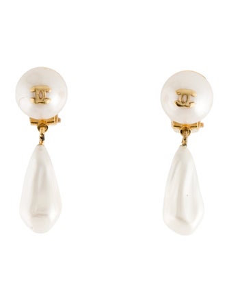 Chanel Faux Pearl CC Clip-On Drop Earrings