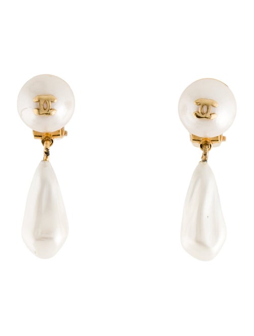 Chanel Faux Pearl CC Clip-On Drop Earrings