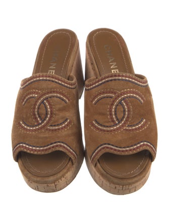 Chanel Interlocking CC Logo Suede Slides