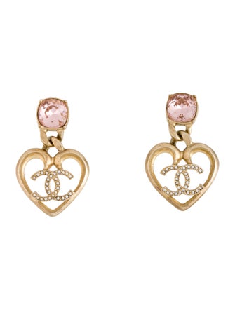 Chanel 2023 Strass CC Heart Drop Earrings
