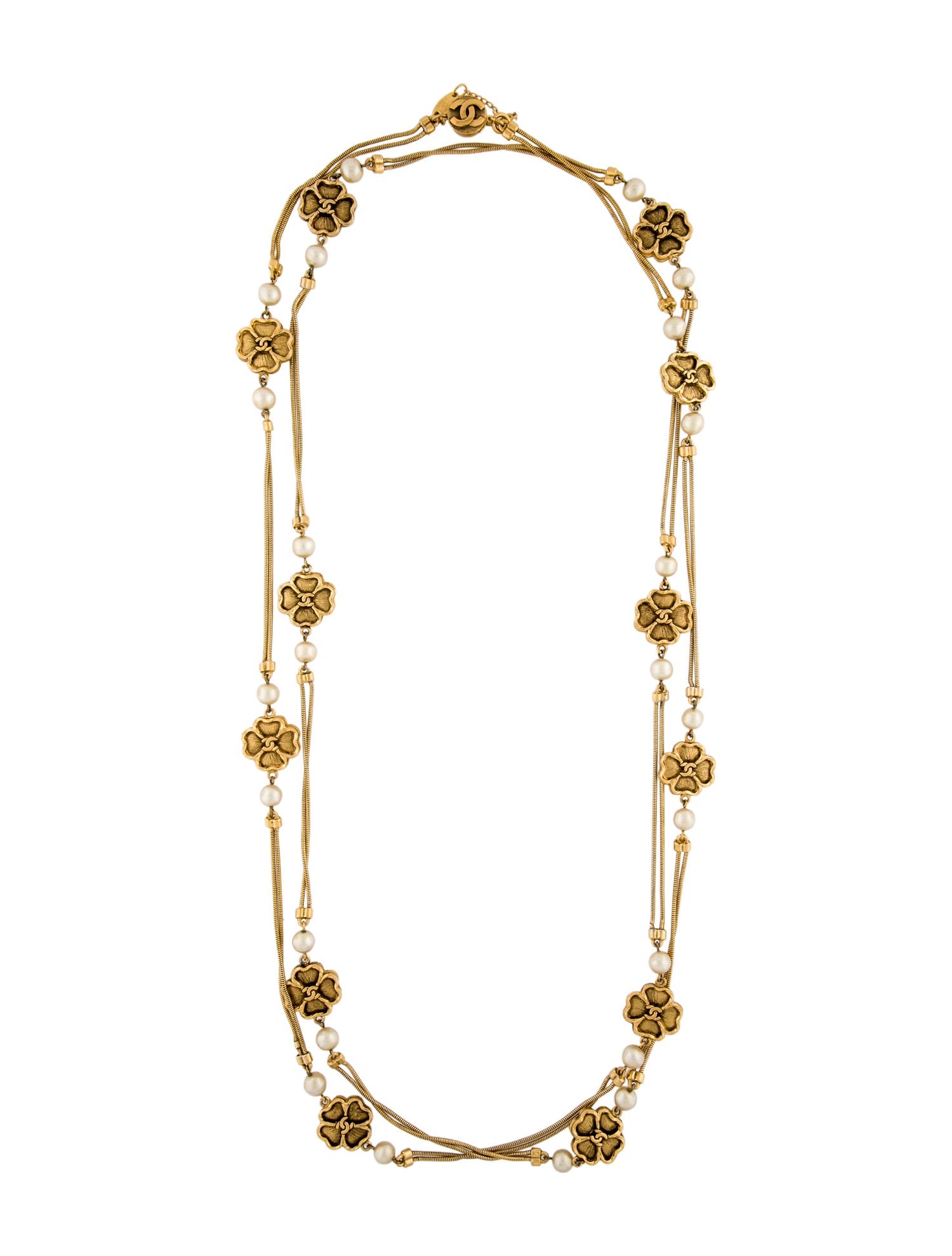 Chanel Vintage Faux Pearl Clover CC Station Necklace