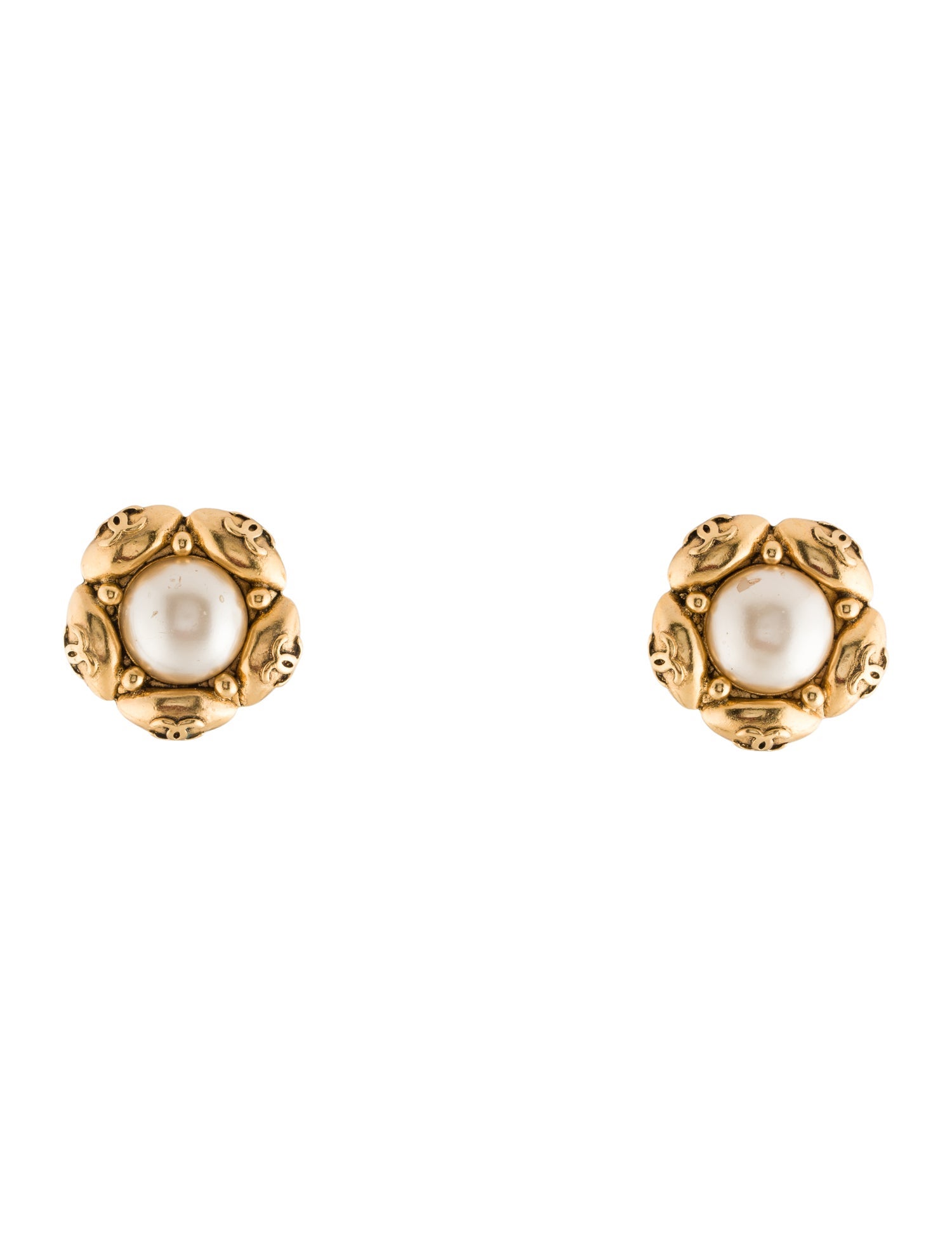 Chanel Vintage Faux Pearl CC Flower Clip-On Earrings