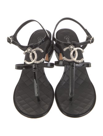 Chanel Interlocking CC Logo Patent Leather T-Strap Sandals