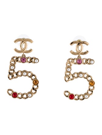 Chanel 2021 Faux Pearl & Strass CC '5' Drop Earrings