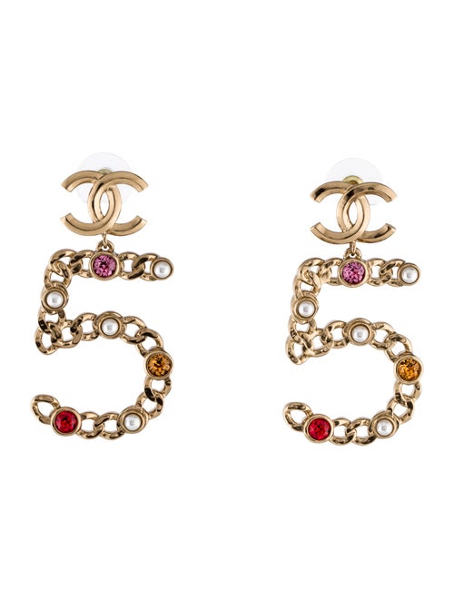 Chanel 2021 Faux Pearl & Strass CC '5' Drop Earrings