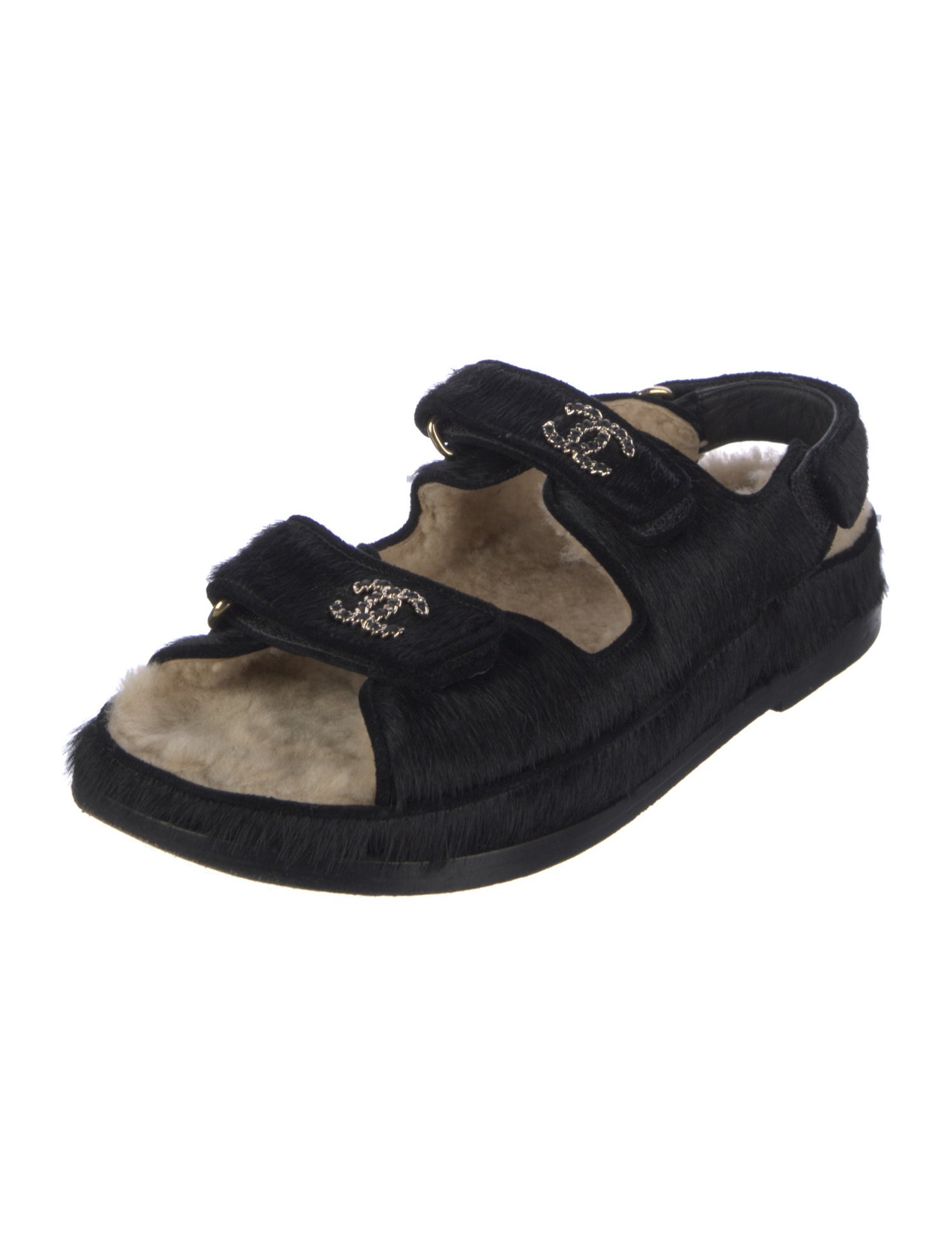 Chanel Interlocking CC Logo Ponyhair Slingback Sandals