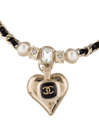 Chanel 2021 Strass, Leather & Resin CC Heart Pendant Necklace