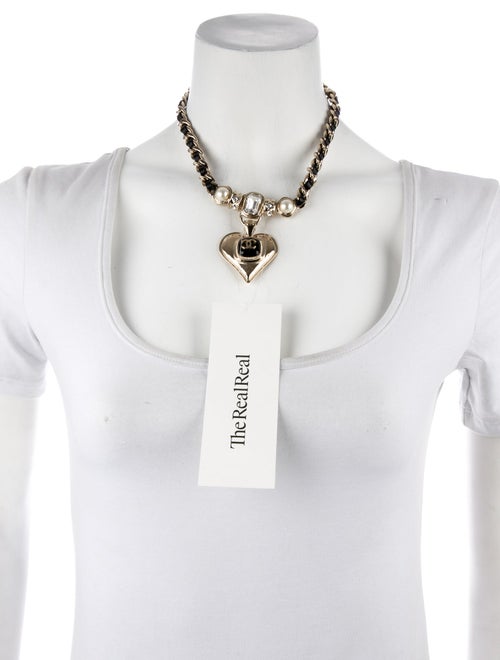 Chanel 2021 Strass, Leather & Resin CC Heart Pendant Necklace