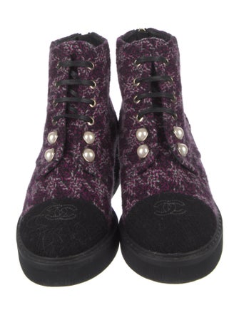 Chanel Interlocking CC Logo Tweed Combat Boots