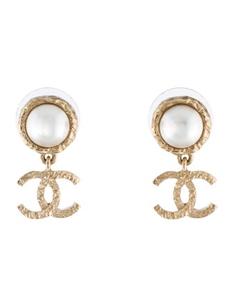 Chanel Faux Pearl CC Drop Earrings