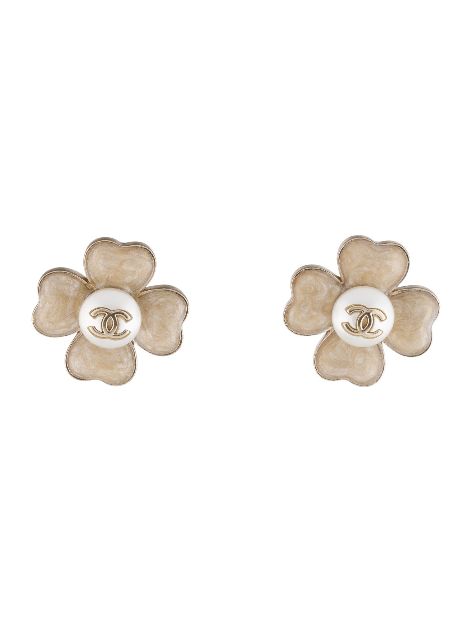 Chanel Faux Pearl & Resin CC Clover Stud Earrings