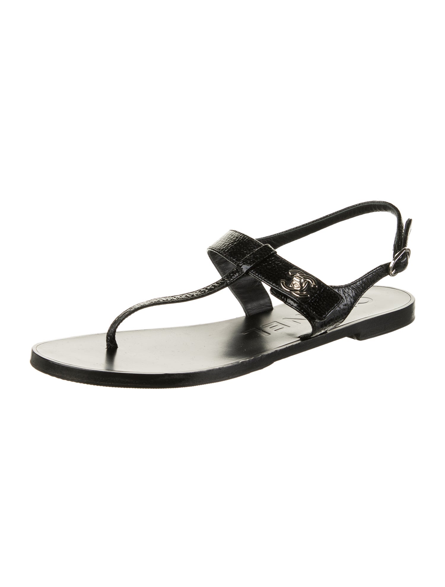 Chanel Interlocking CC Logo Patent Leather T-Strap Sandals