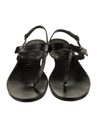 Chanel Interlocking CC Logo Patent Leather T-Strap Sandals