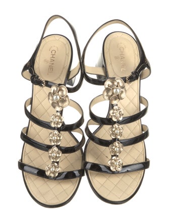 Chanel Interlocking CC Logo Patent Leather T-Strap Sandals