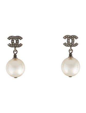 Chanel 2023 Faux Pearl & Strass CC Drop Earrings