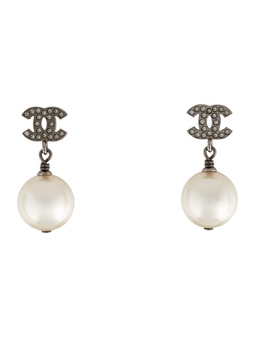Chanel 2023 Faux Pearl & Strass CC Drop Earrings