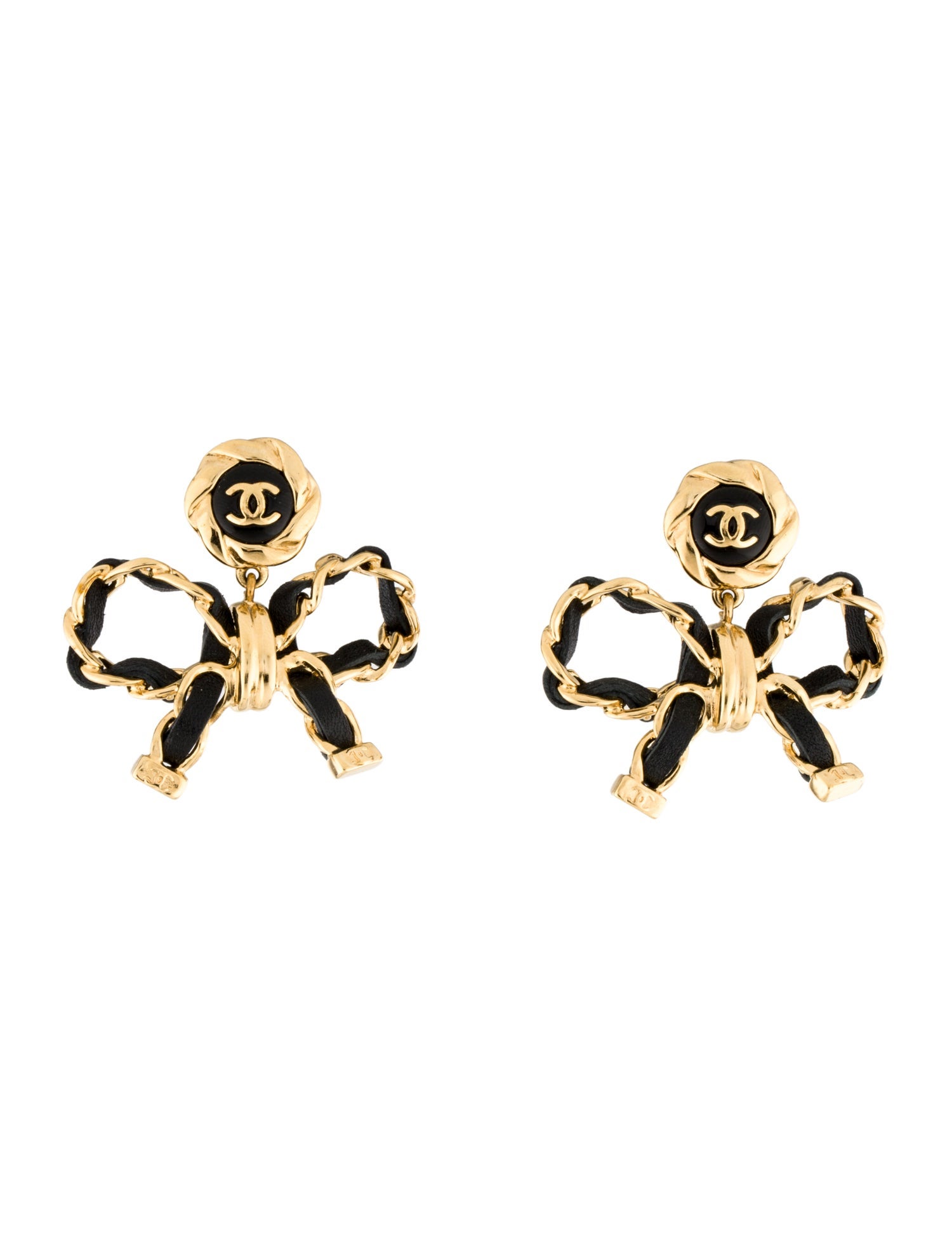 Chanel Leather & Resin CC Bow Drop Earrings