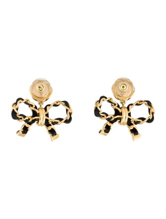 Chanel Leather & Resin CC Bow Drop Earrings