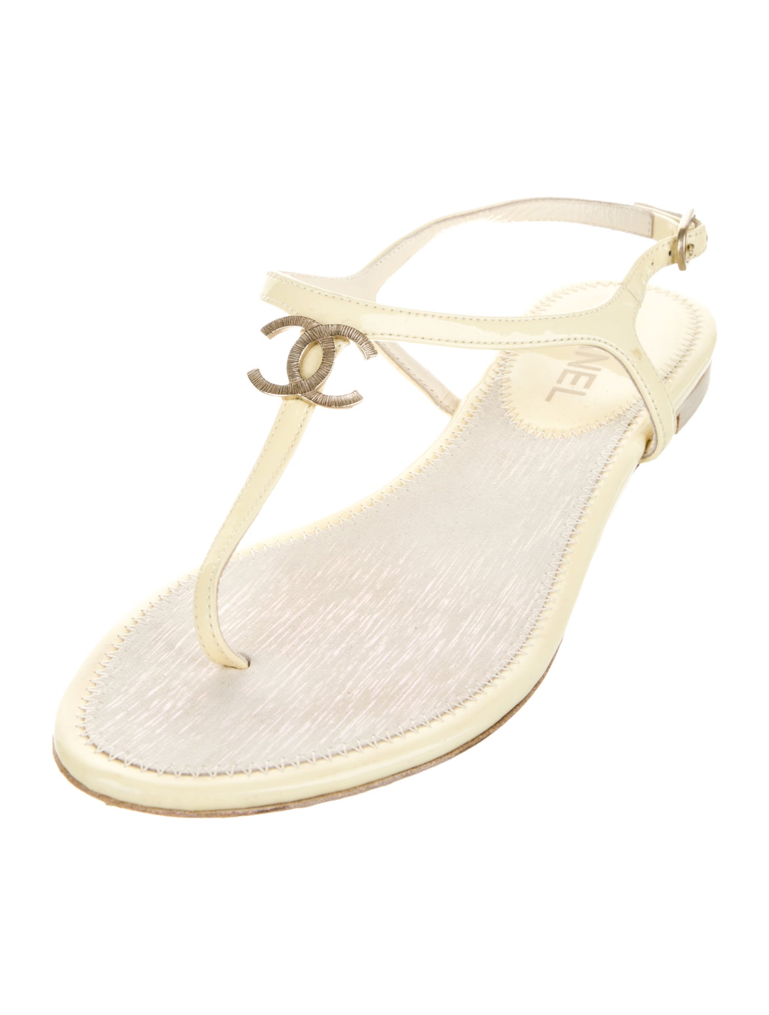 Chanel Interlocking CC Logo Patent Leather T-Strap Sandals