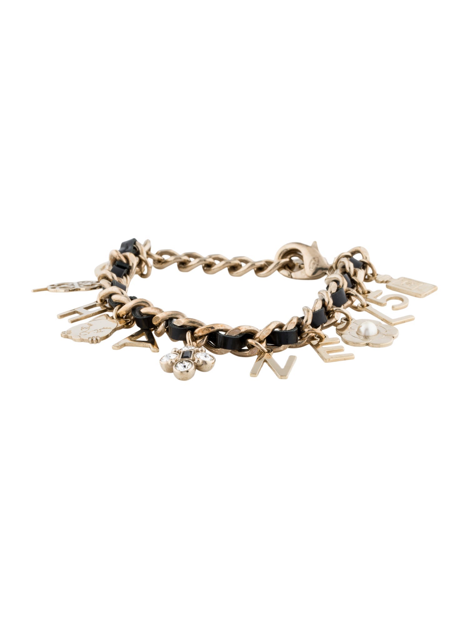 Chanel Faux Pearl, Leather & Strass Logo Charm Bracelet