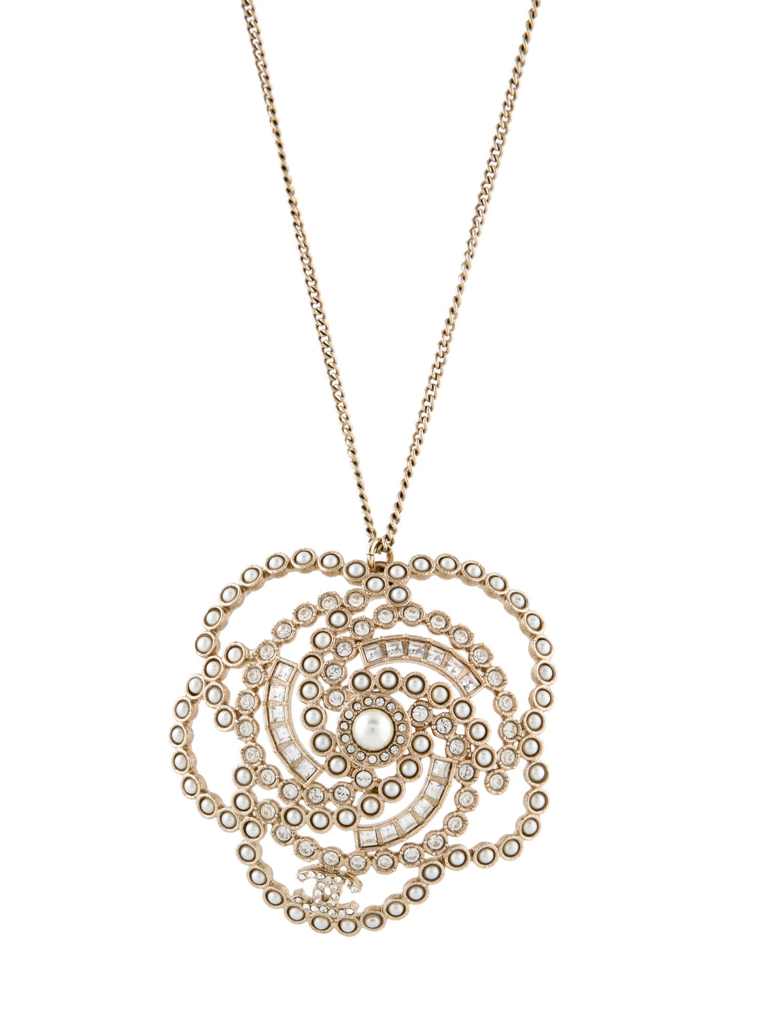 Chanel Faux Pearl & Strass Camelia Pendant Necklace