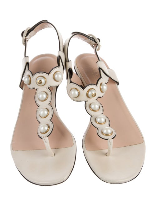 Gucci Faux Pearl Accents Leather T-Strap Sandals