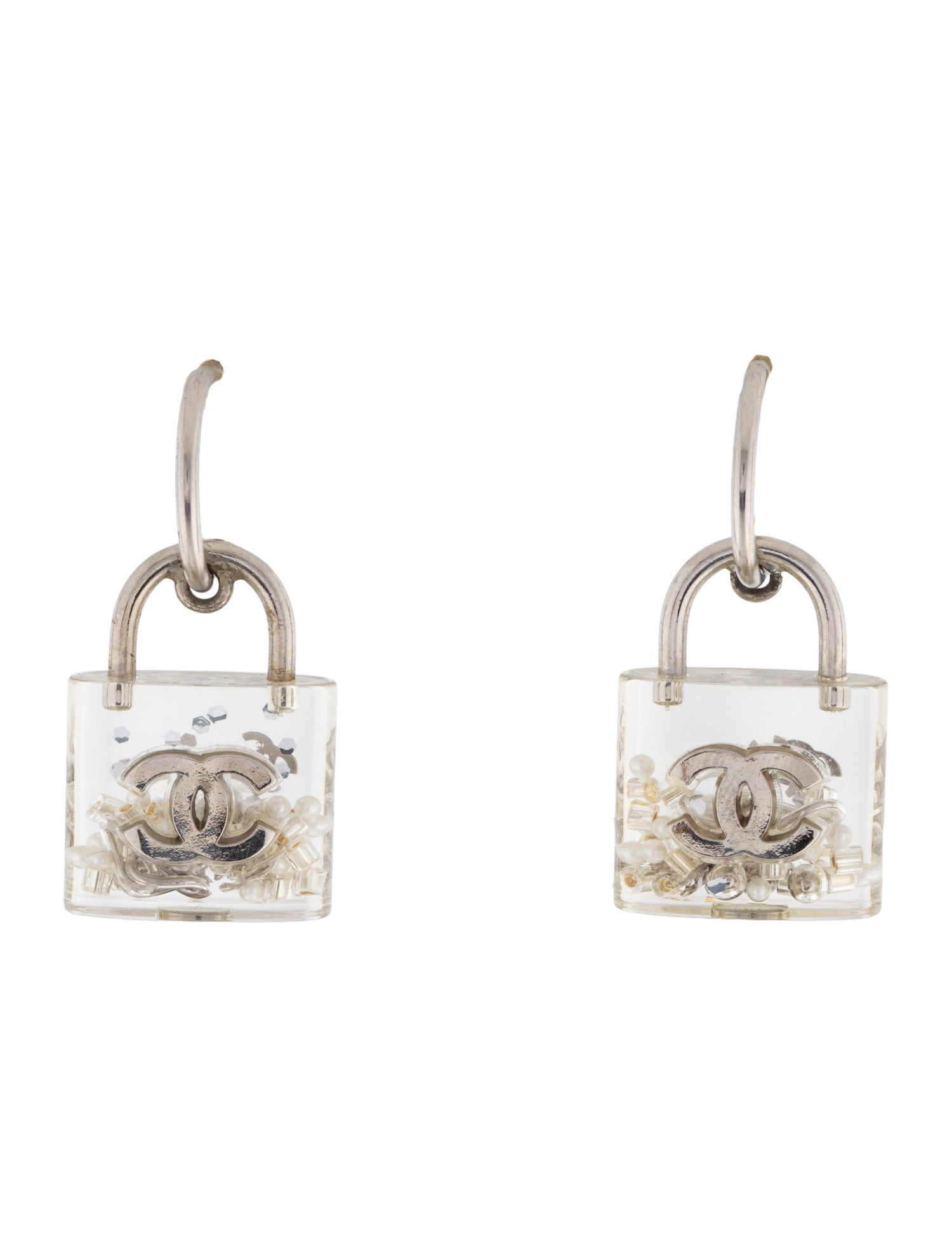 Chanel Faux Pearl & Resin CC Padlock Drop Earrings